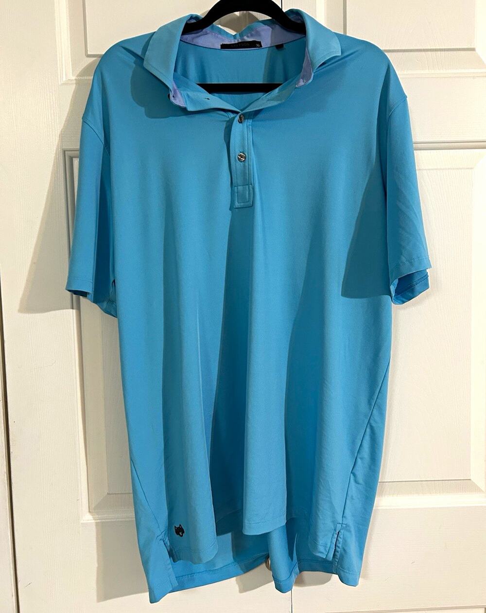 Greyson Men's Solid Blue Short Sleeve Collared Button Wolf Logo Polo Shirt XL